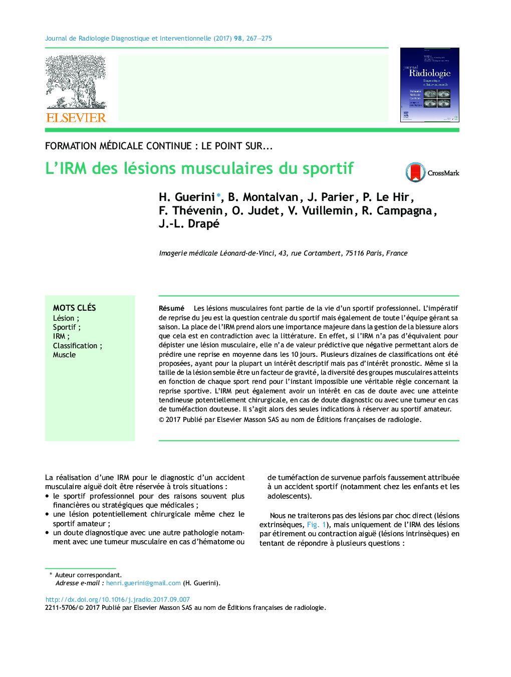 L'IRM des lésions musculaires du sportif