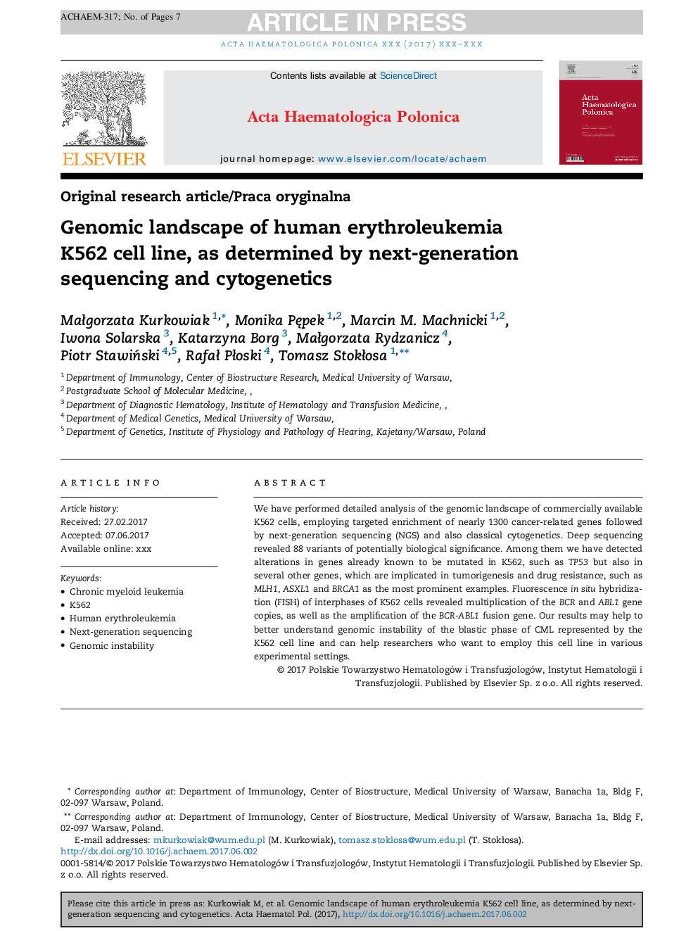 Genomic landscape of human erythroleukemia K562 cell line, as determined by next-generation sequencing and cytogenetics