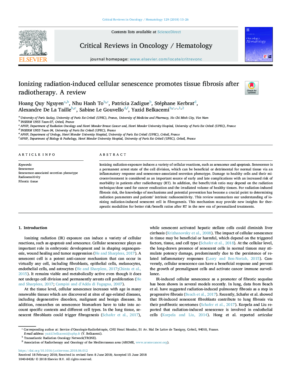 Ionizing radiation-induced cellular senescence promotes tissue fibrosis after radiotherapy. A review