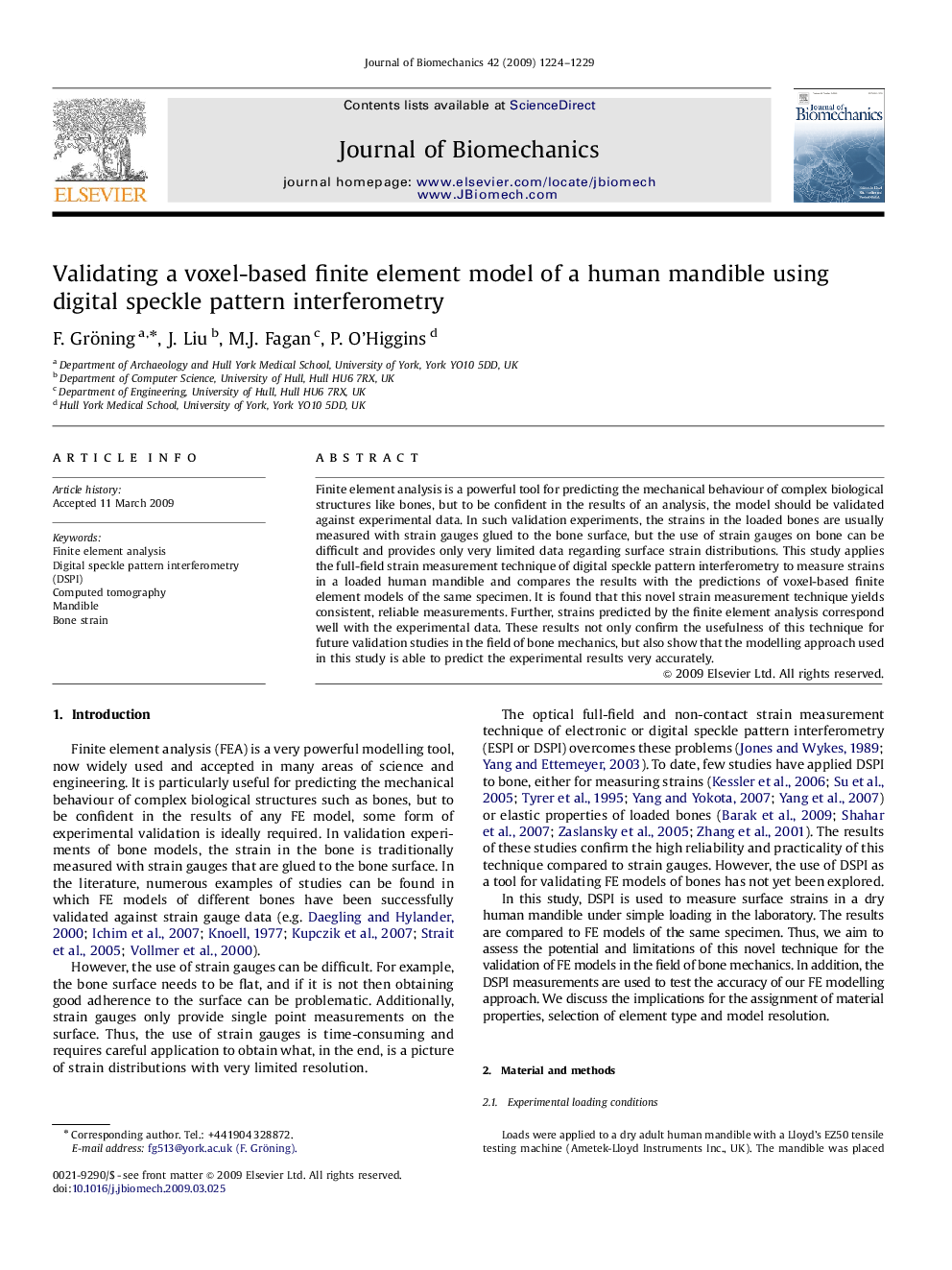 Validating a voxel-based finite element model of a human mandible using digital speckle pattern interferometry