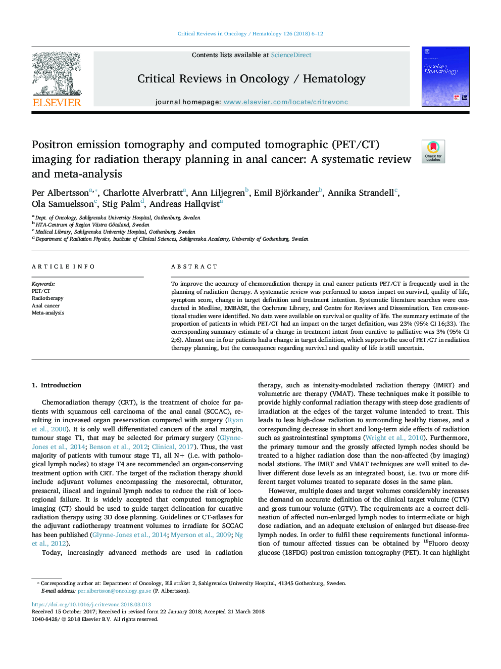 Positron emission tomography and computed tomographic (PET/CT) imaging for radiation therapy planning in anal cancer: A systematic review and meta-analysis