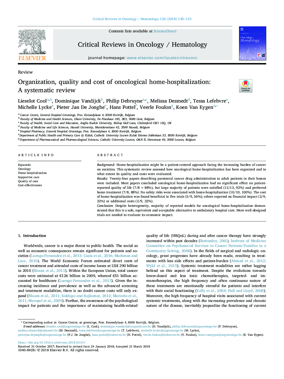 Organization, quality and cost of oncological home-hospitalization: A systematic review