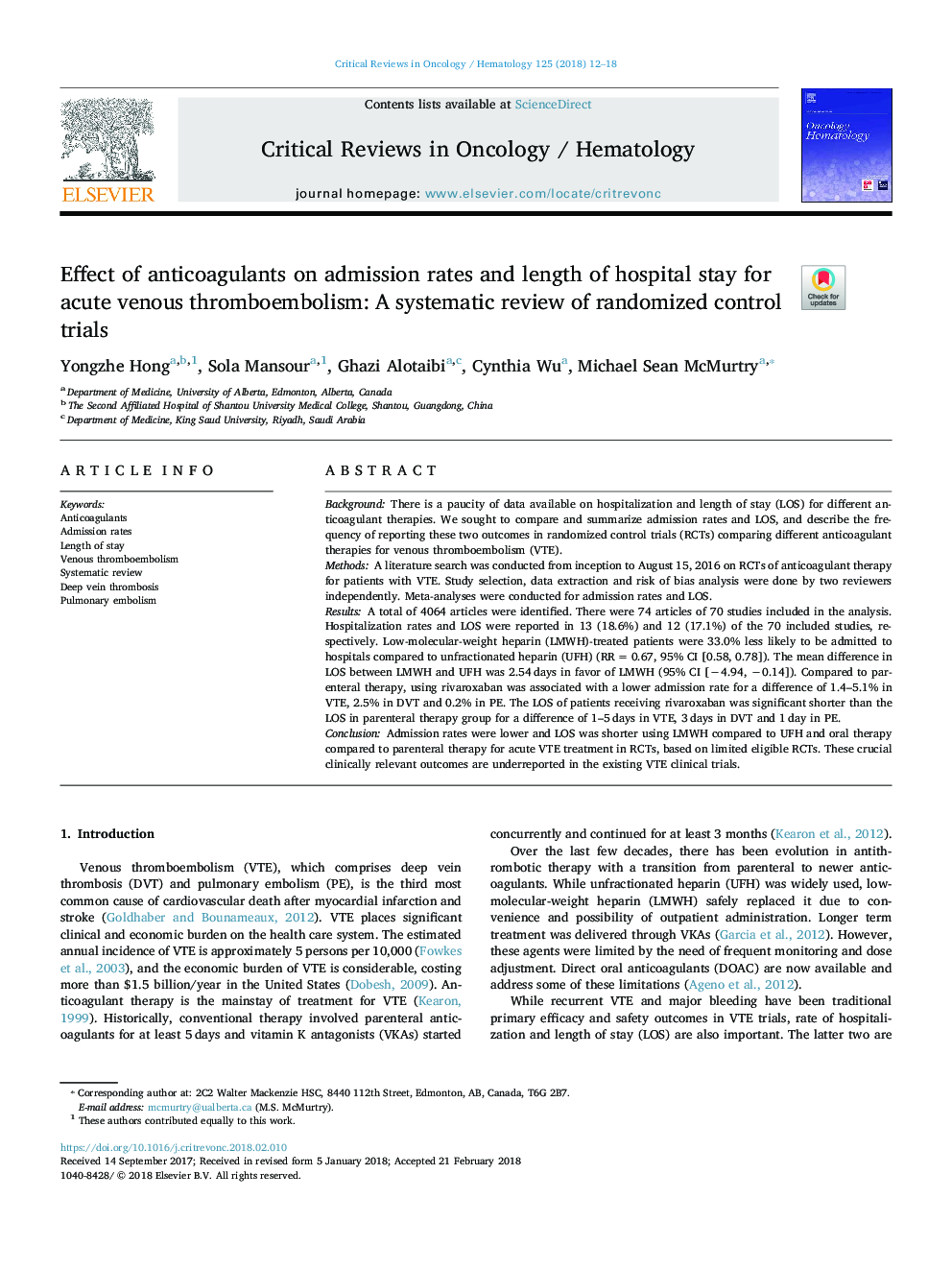 Effect of anticoagulants on admission rates and length of hospital stay for acute venous thromboembolism: A systematic review of randomized control trials