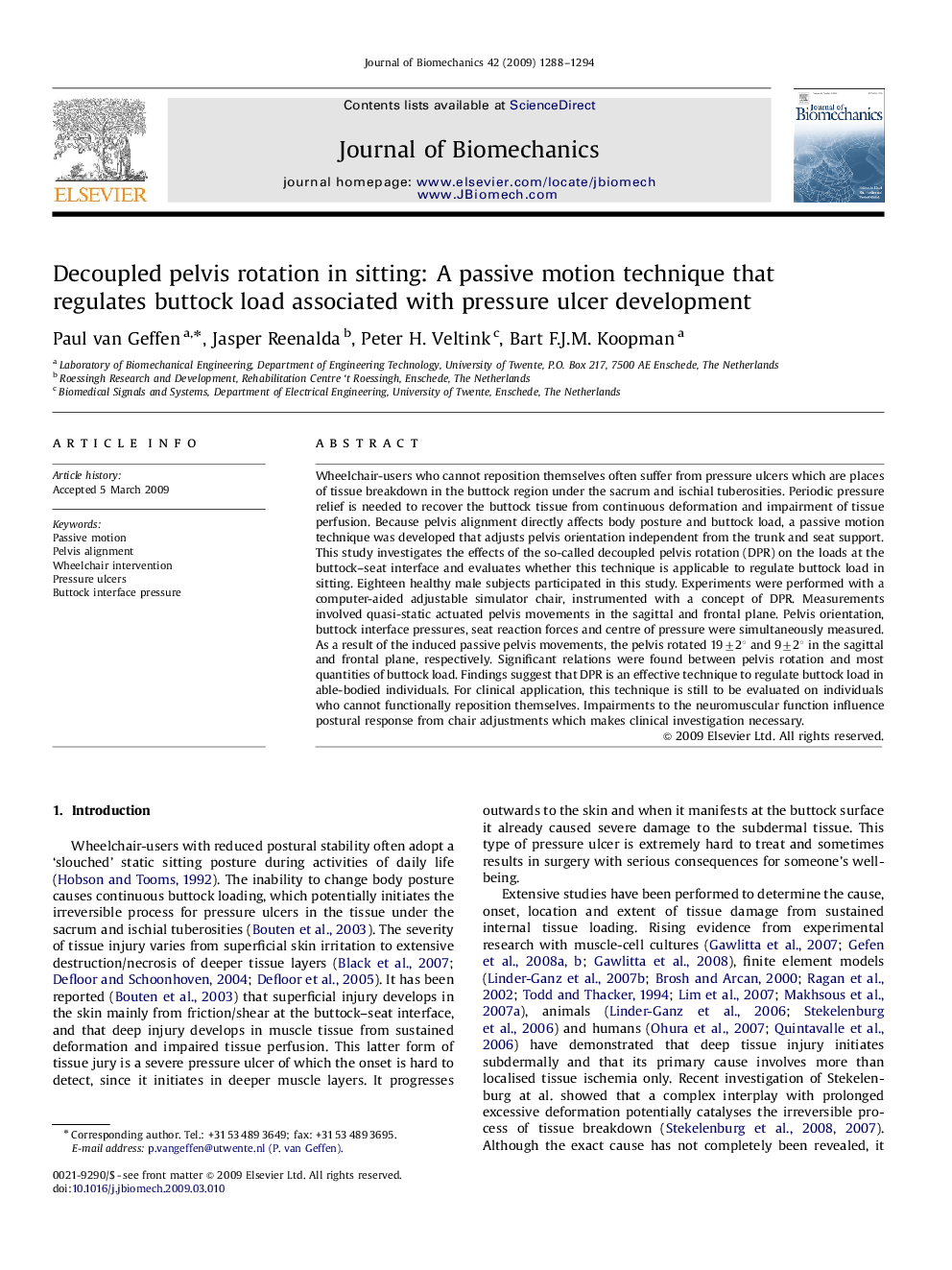 Decoupled pelvis rotation in sitting: A passive motion technique that regulates buttock load associated with pressure ulcer development