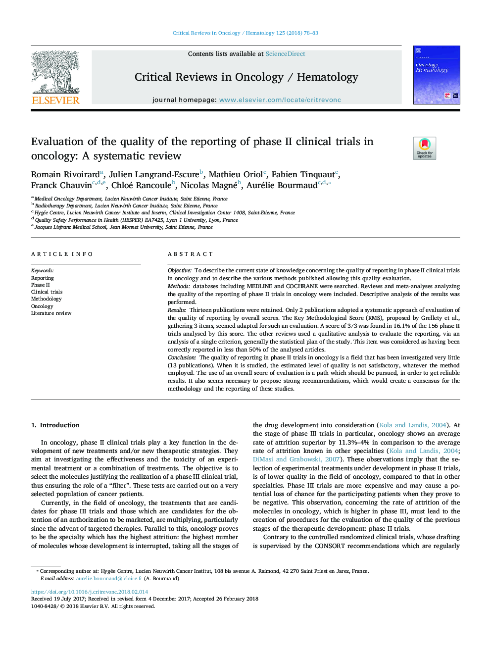 Evaluation of the quality of the reporting of phase II clinical trials in oncology: A systematic review