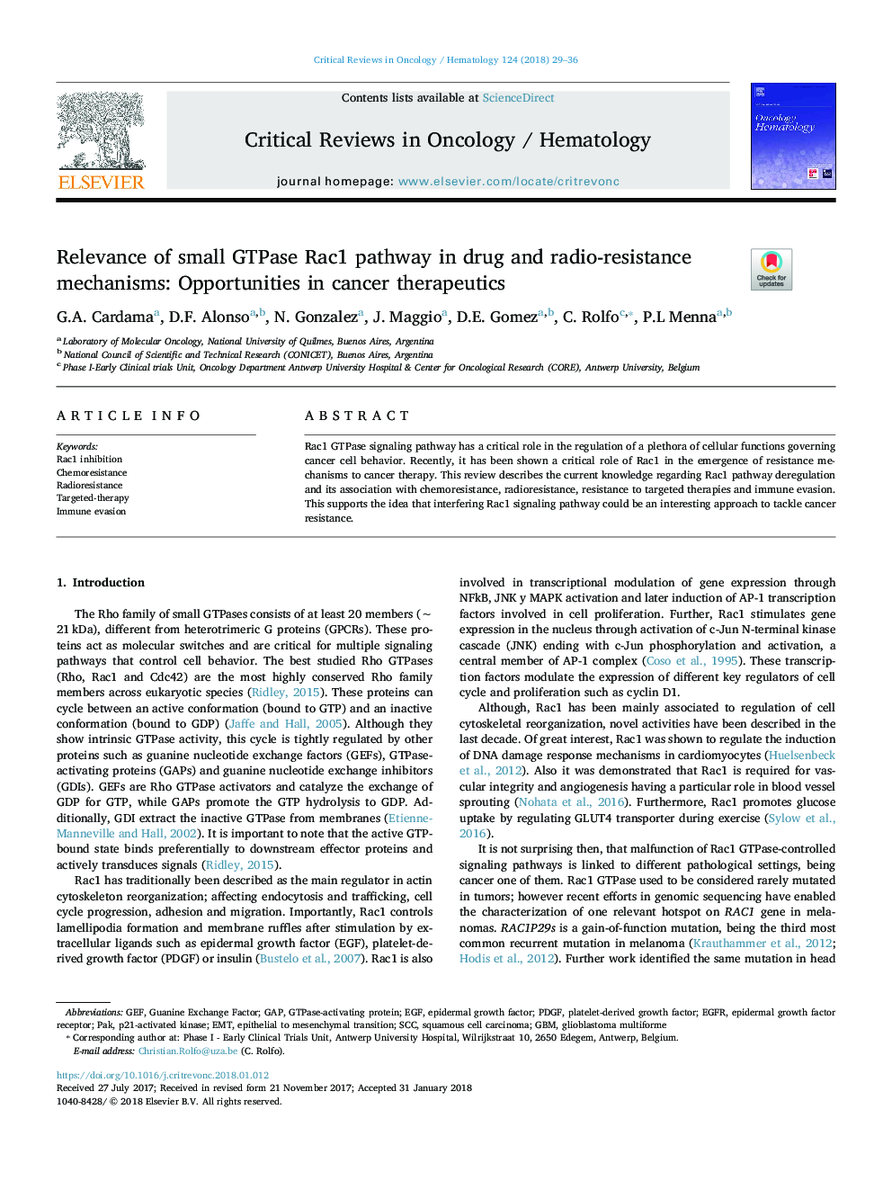 Relevance of small GTPase Rac1 pathway in drug and radio-resistance mechanisms: Opportunities in cancer therapeutics