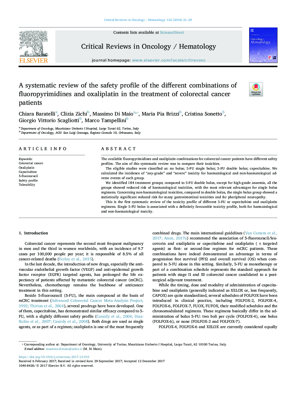 A systematic review of the safety profile of the different combinations of fluoropyrimidines and oxaliplatin in the treatment of colorectal cancer patients