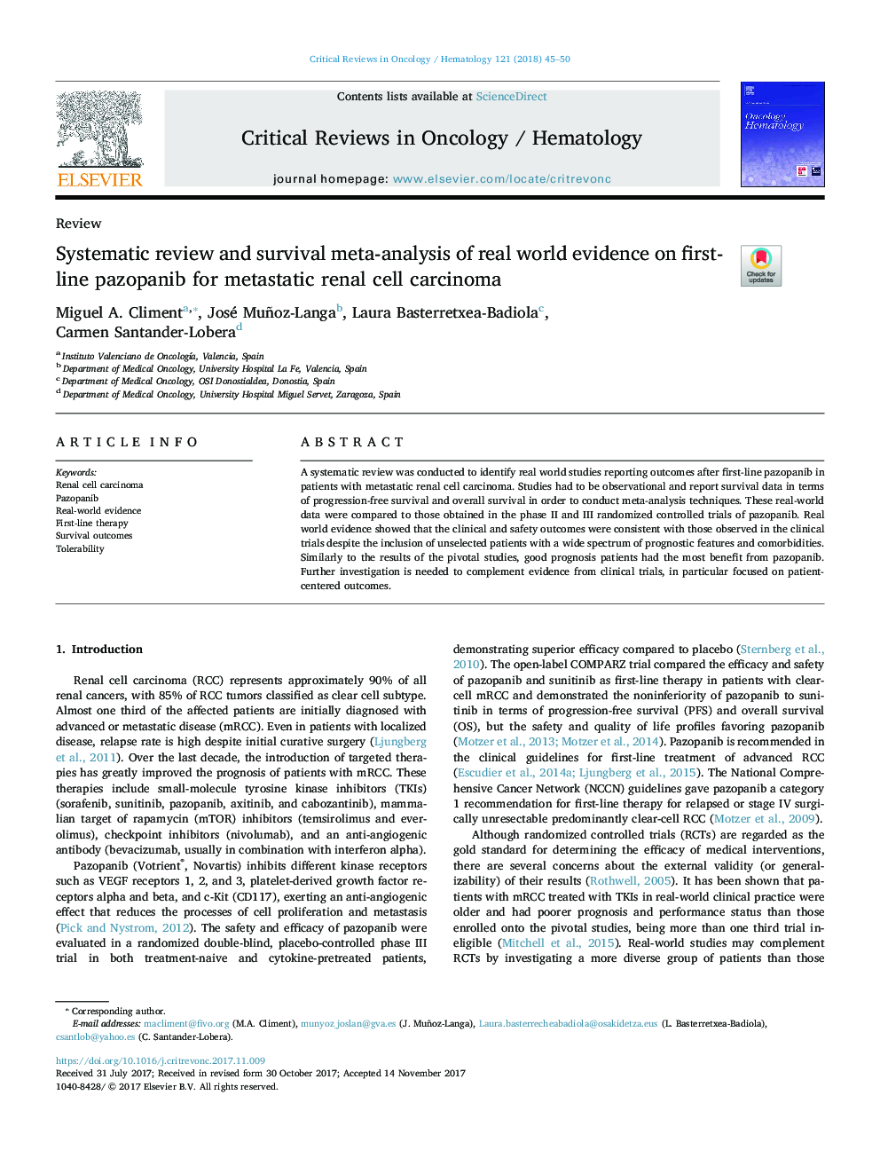 Systematic review and survival meta-analysis of real world evidence on first-line pazopanib for metastatic renal cell carcinoma