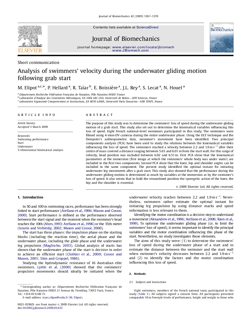 Analysis of swimmers’ velocity during the underwater gliding motion following grab start