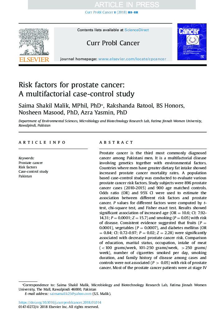 Risk factors for prostate cancer: A multifactorial case-control study