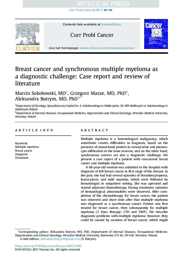 Breast cancer and synchronous multiple myeloma as a diagnostic challenge: Case report and review of literature