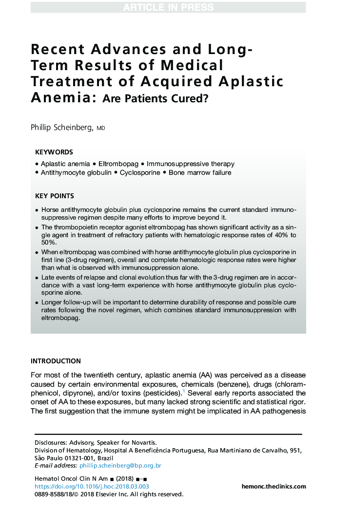 Recent Advances and Long-Term Results of Medical Treatment of Acquired Aplastic Anemia