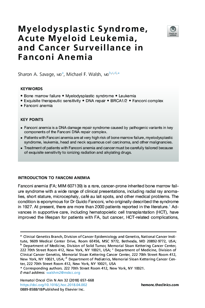 Myelodysplastic Syndrome, Acute Myeloid Leukemia, and Cancer Surveillance in Fanconi Anemia