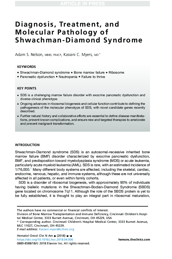 Diagnosis, Treatment, and Molecular Pathology of Shwachman-Diamond Syndrome