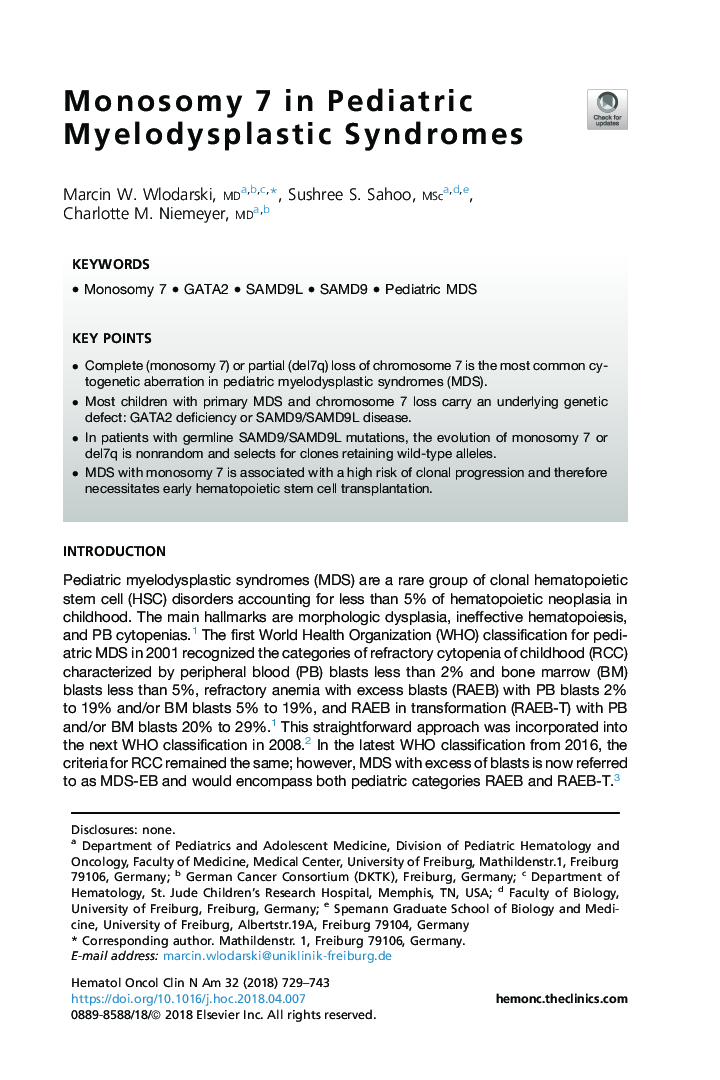 Monosomy 7 in Pediatric Myelodysplastic Syndromes