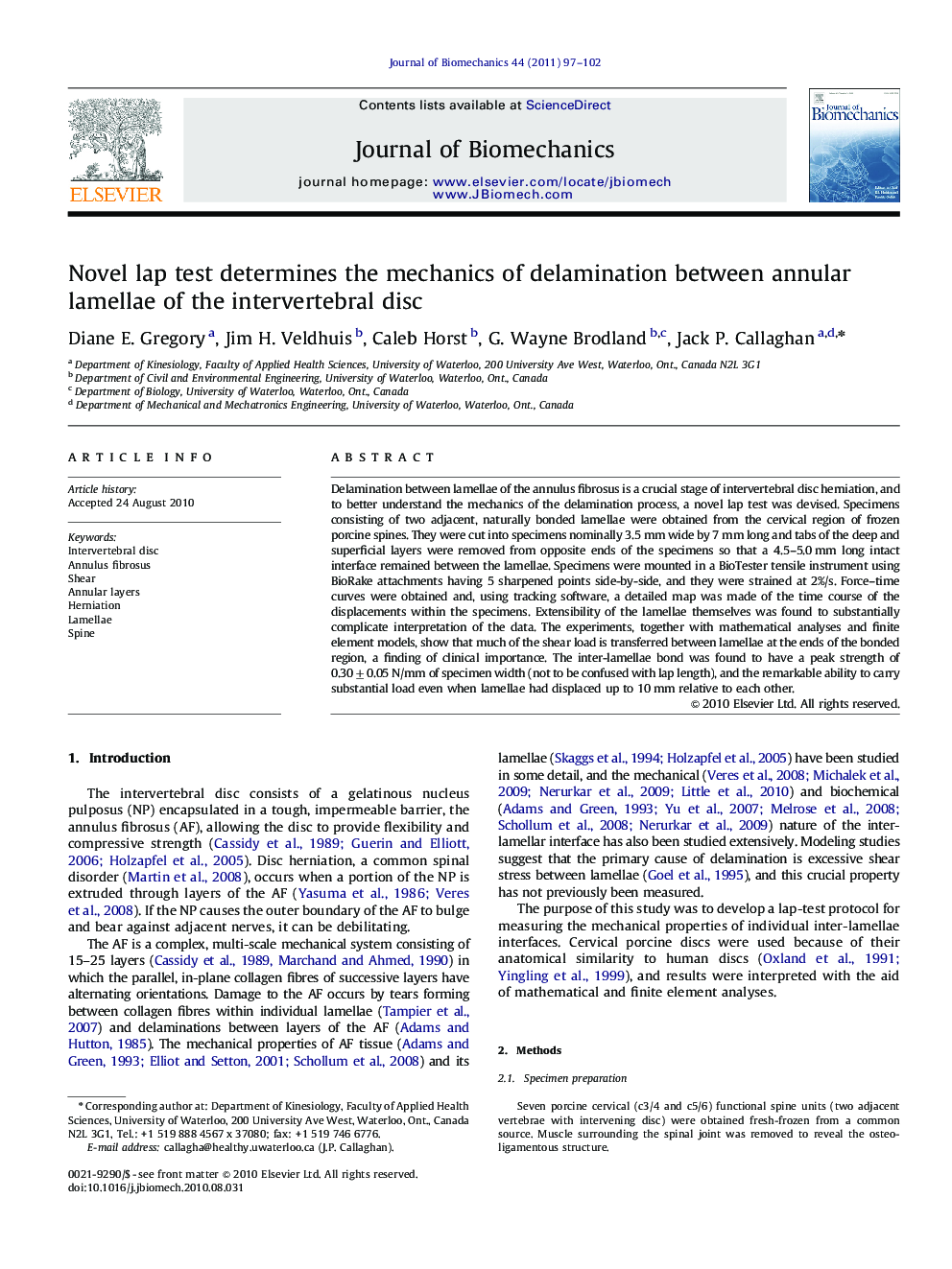 Novel lap test determines the mechanics of delamination between annular lamellae of the intervertebral disc