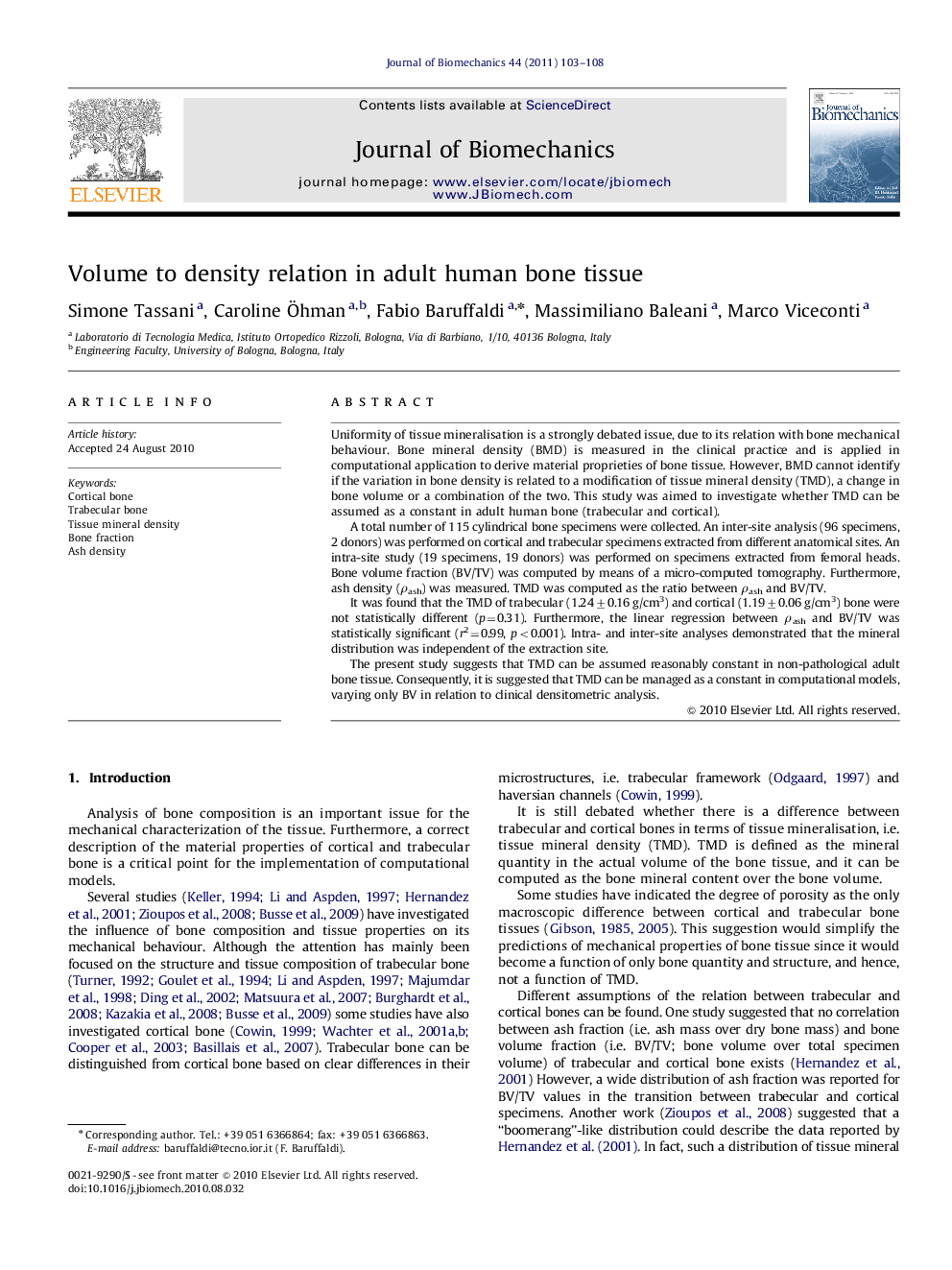 Volume to density relation in adult human bone tissue