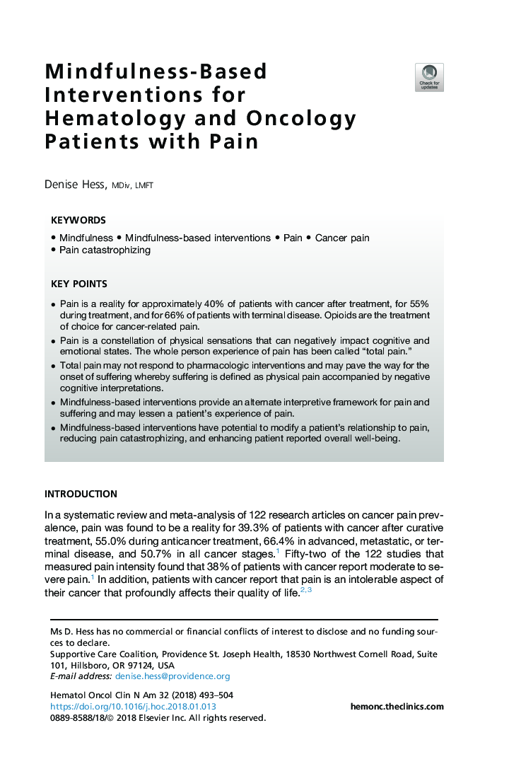 Mindfulness-Based Interventions for Hematology and Oncology Patients with Pain