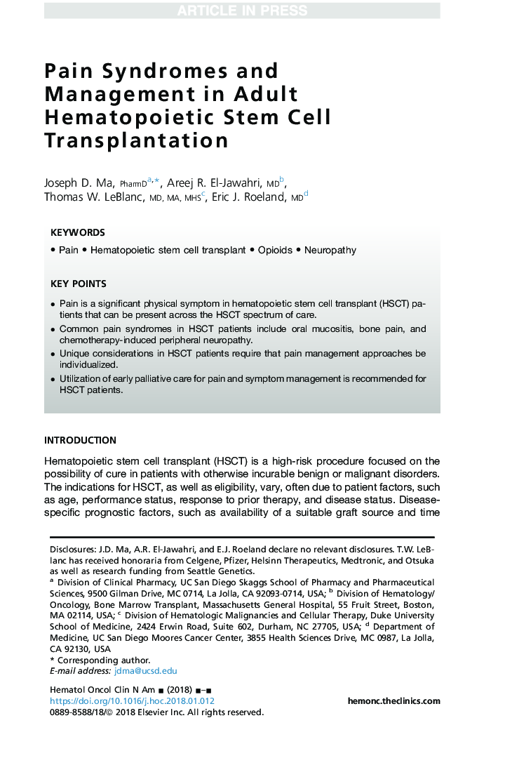 Pain Syndromes and Management in Adult Hematopoietic Stem Cell Transplantation
