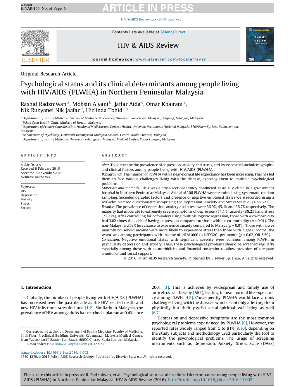 Psychological status and its clinical determinants among people living with HIV/AIDS (PLWHA) in Northern Peninsular Malaysia