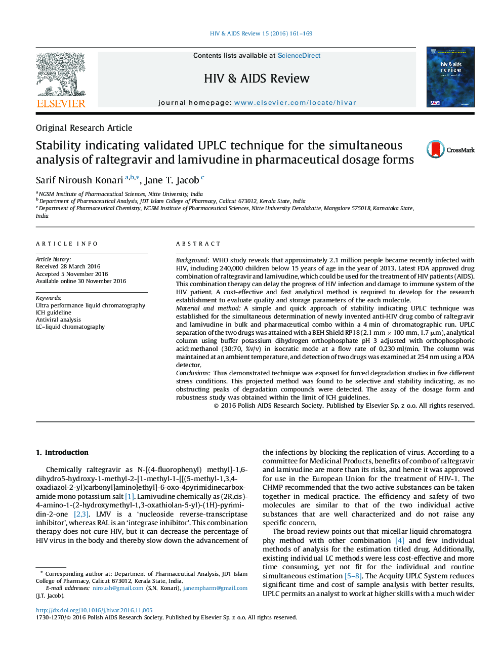 Stability indicating validated UPLC technique for the simultaneous analysis of raltegravir and lamivudine in pharmaceutical dosage forms