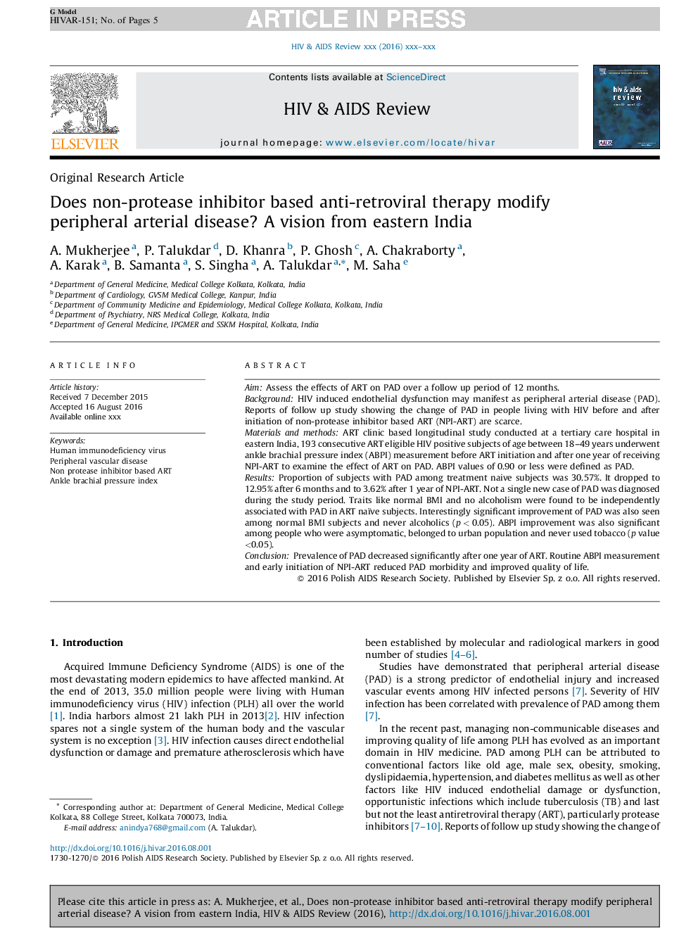 Does non-protease inhibitor based anti-retroviral therapy modify peripheral arterial disease? A vision from eastern India