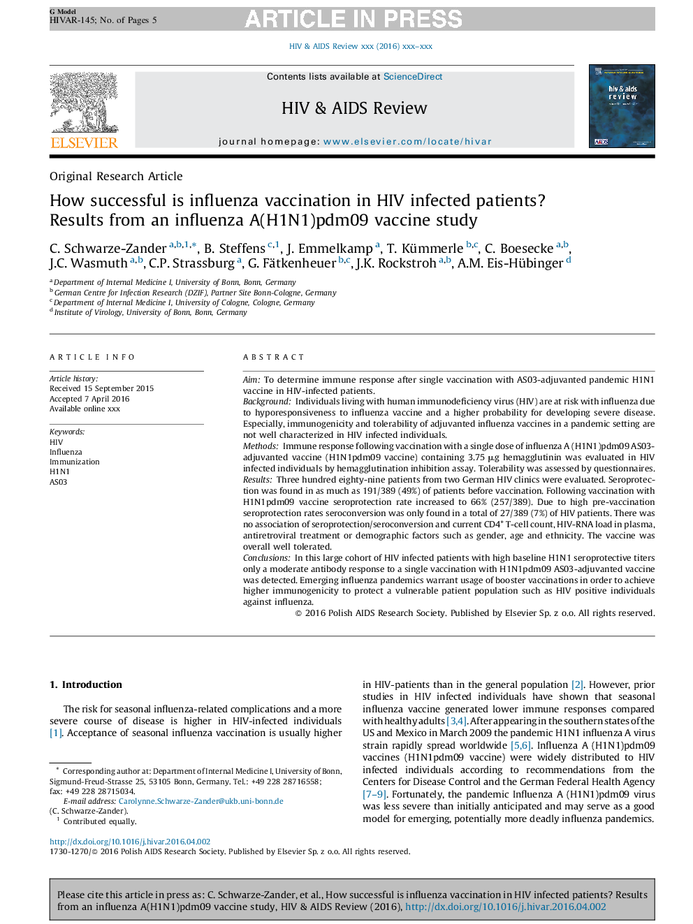 How successful is influenza vaccination in HIV infected patients? Results from an influenza A(H1N1)pdm09 vaccine study