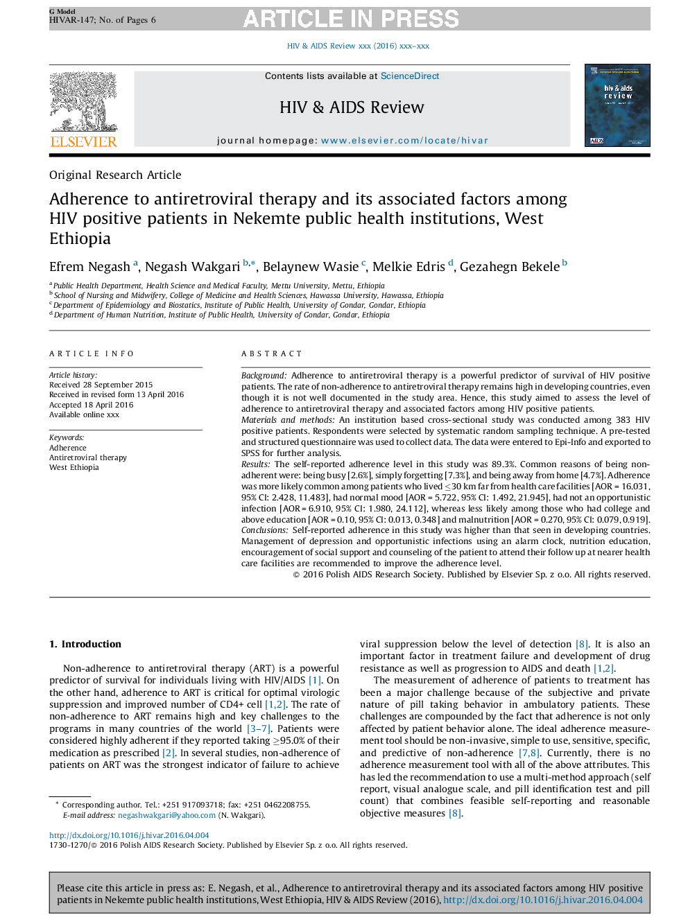 Adherence to antiretroviral therapy and its associated factors among HIV positive patients in Nekemte public health institutions, West Ethiopia