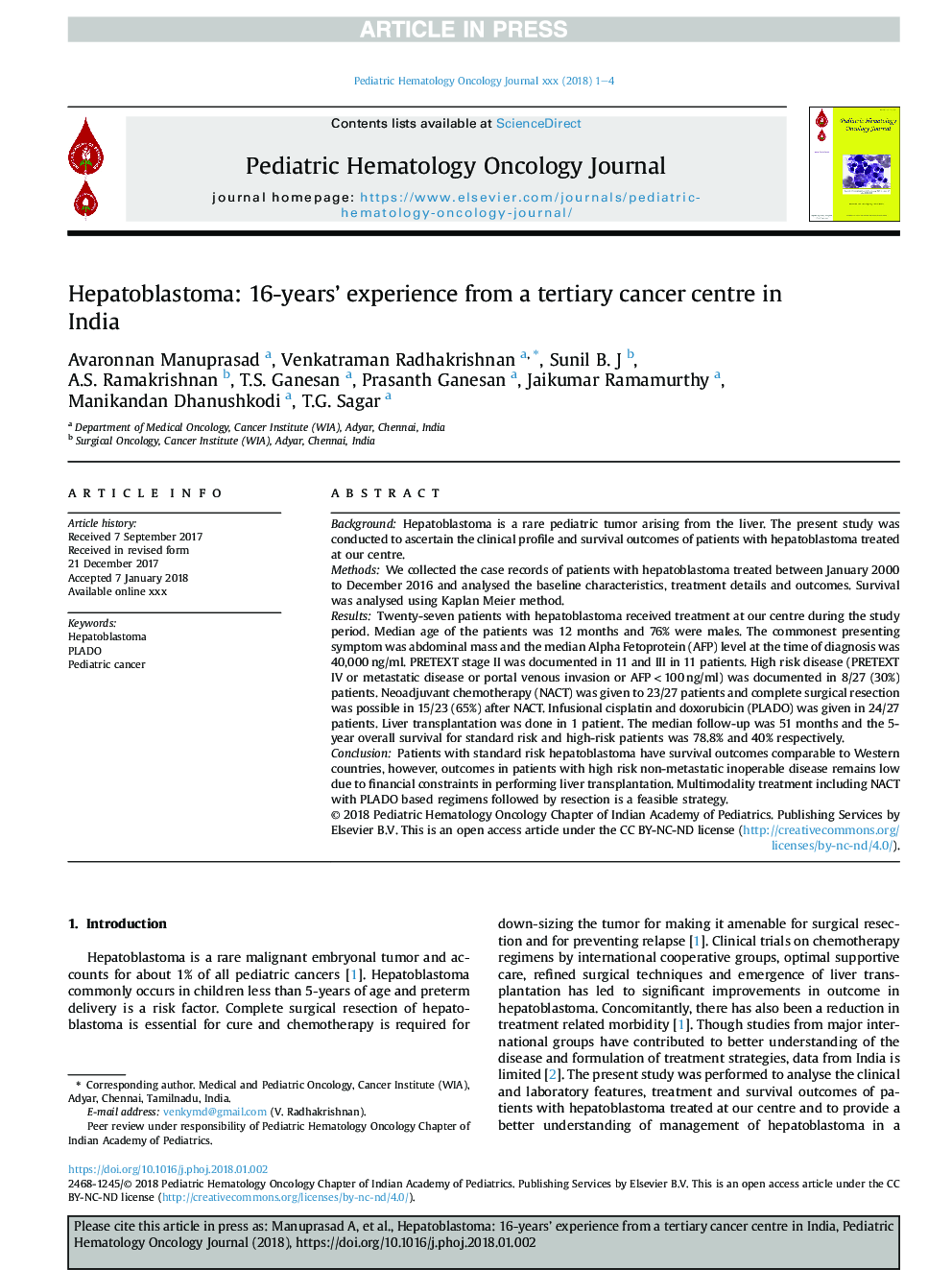 Hepatoblastoma: 16-years' experience from a tertiary cancer centre in India