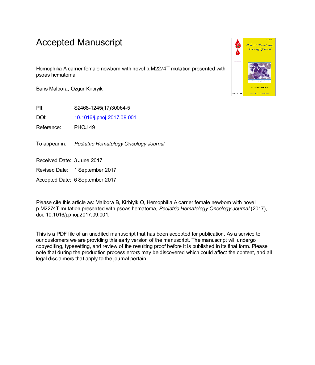 Hemophilia A carrier female newborn with novel p.M2274T mutation presented with psoas hematoma