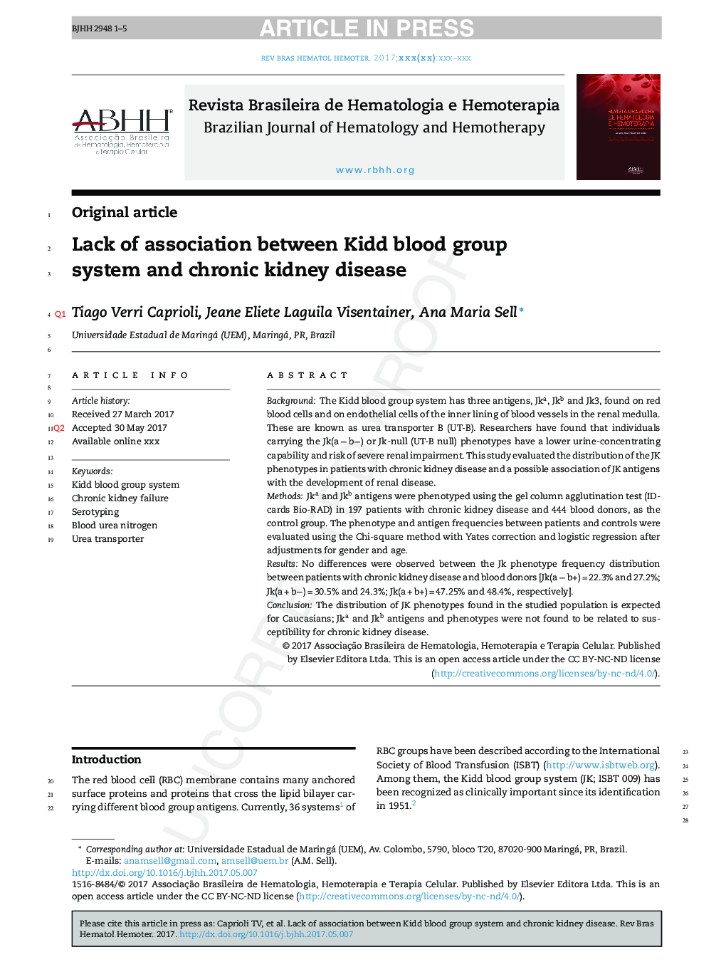 Lack of association between Kidd blood group system and chronic kidney disease