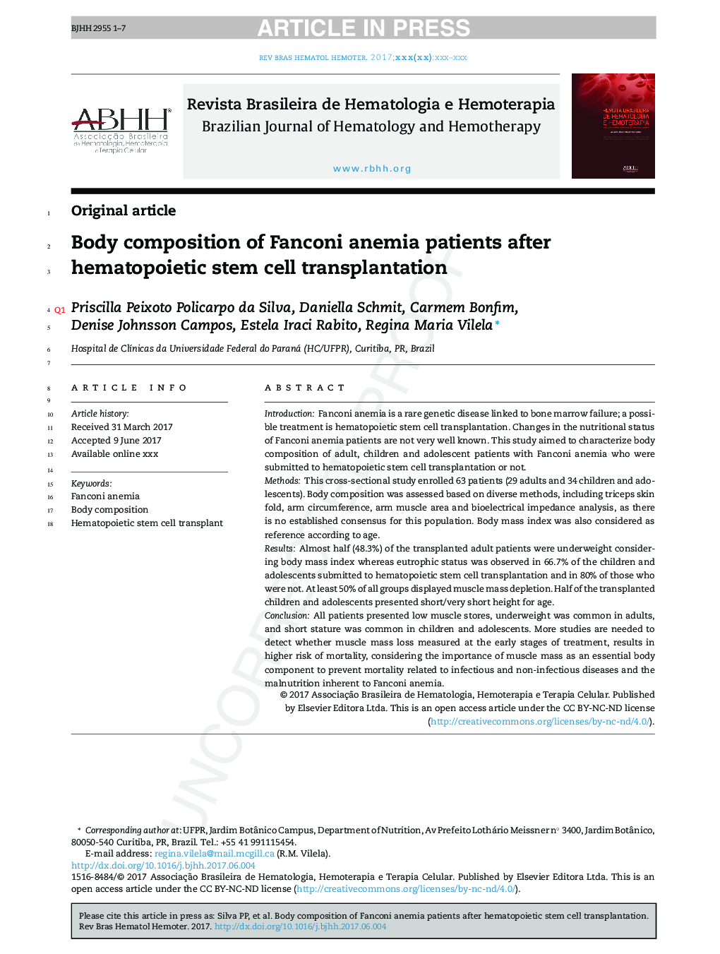 Body composition of Fanconi anemia patients after hematopoietic stem cell transplantation