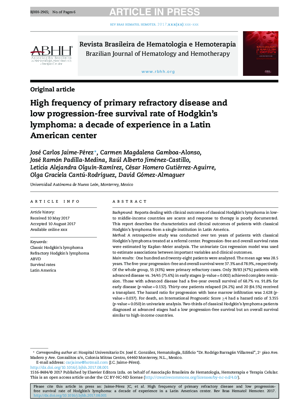 High frequency of primary refractory disease and low progression-free survival rate of Hodgkin's lymphoma: a decade of experience in a Latin American center