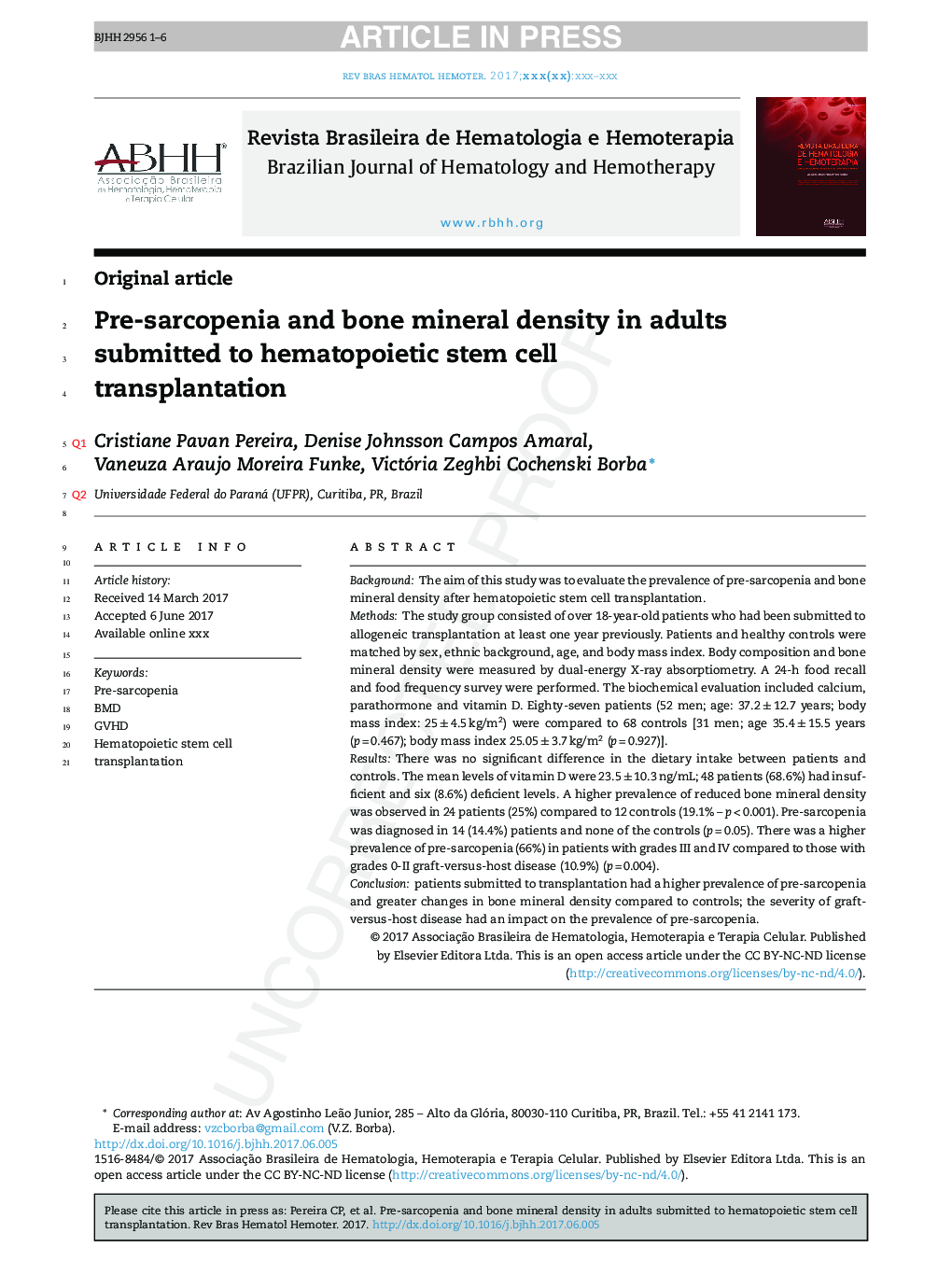 Pre-sarcopenia and bone mineral density in adults submitted to hematopoietic stem cell transplantation