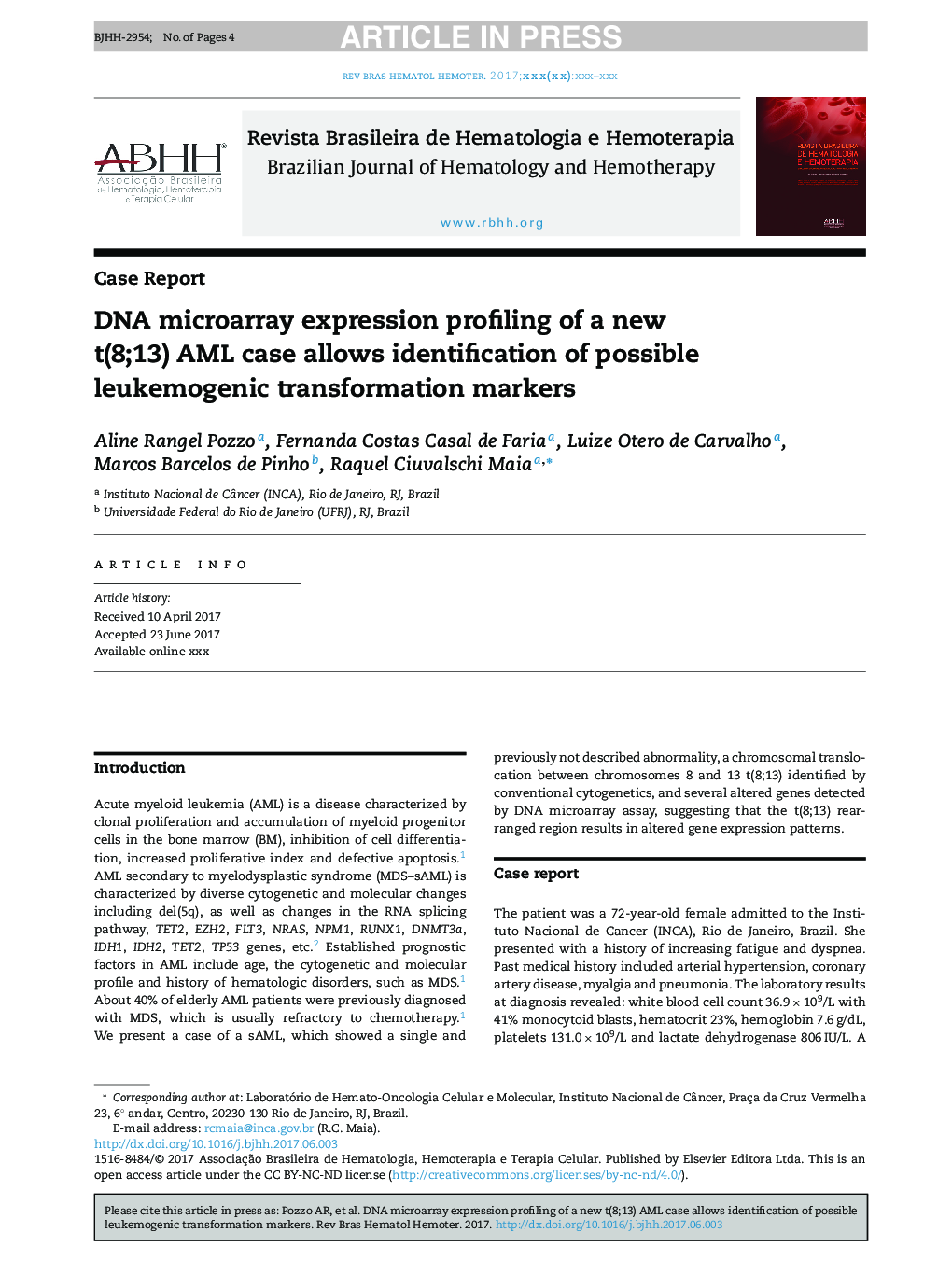 DNA microarray expression profiling of a new t(8;13) AML case allows identification of possible leukemogenic transformation markers