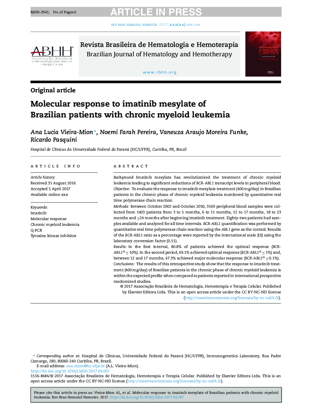 Molecular response to imatinib mesylate of Brazilian patients with chronic myeloid leukemia