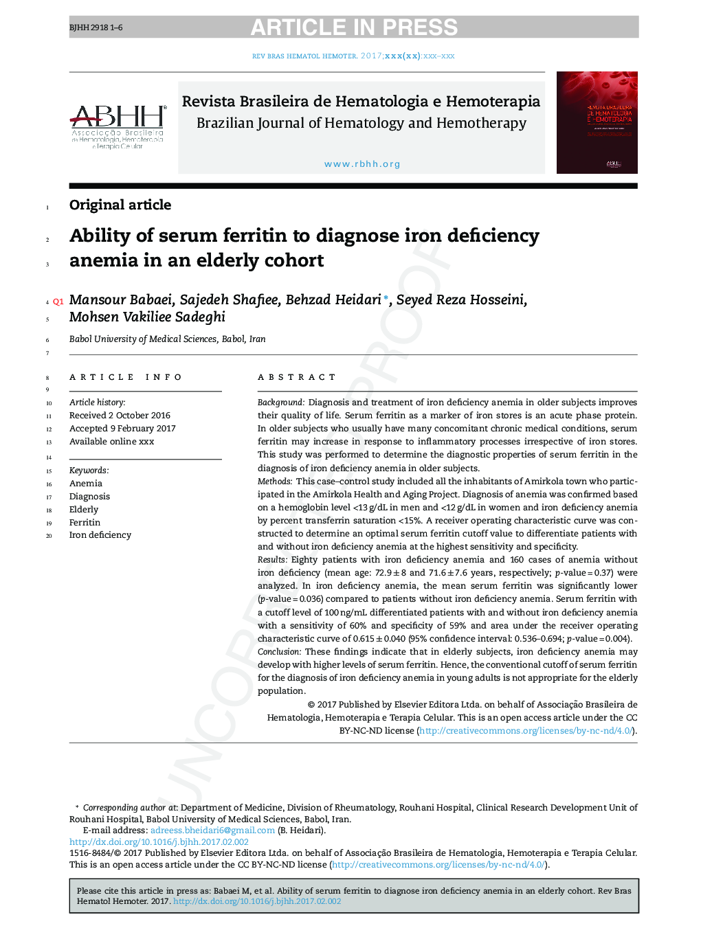 Ability of serum ferritin to diagnose iron deficiency anemia in an elderly cohort