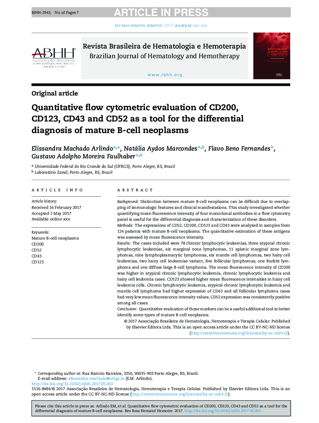 Quantitative flow cytometric evaluation of CD200, CD123, CD43 and CD52 as a tool for the differential diagnosis of mature B-cell neoplasms