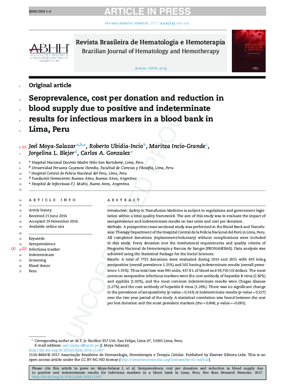 Seroprevalence, cost per donation and reduction in blood supply due to positive and indeterminate results for infectious markers in a blood bank in Lima, Peru