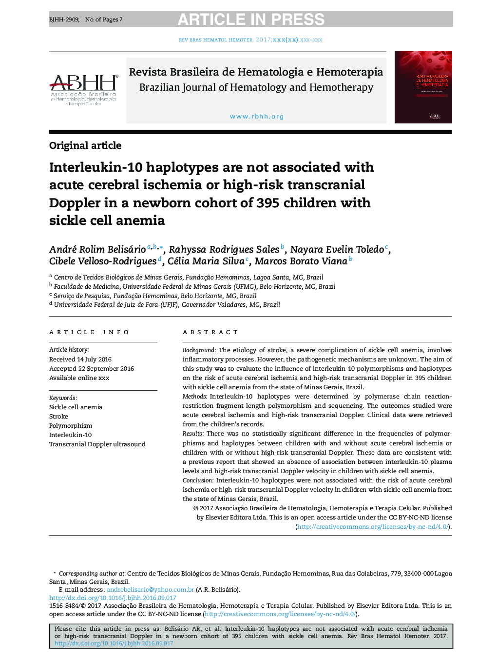 Interleukin-10 haplotypes are not associated with acute cerebral ischemia or high-risk transcranial Doppler in a newborn cohort of 395 children with sickle cell anemia