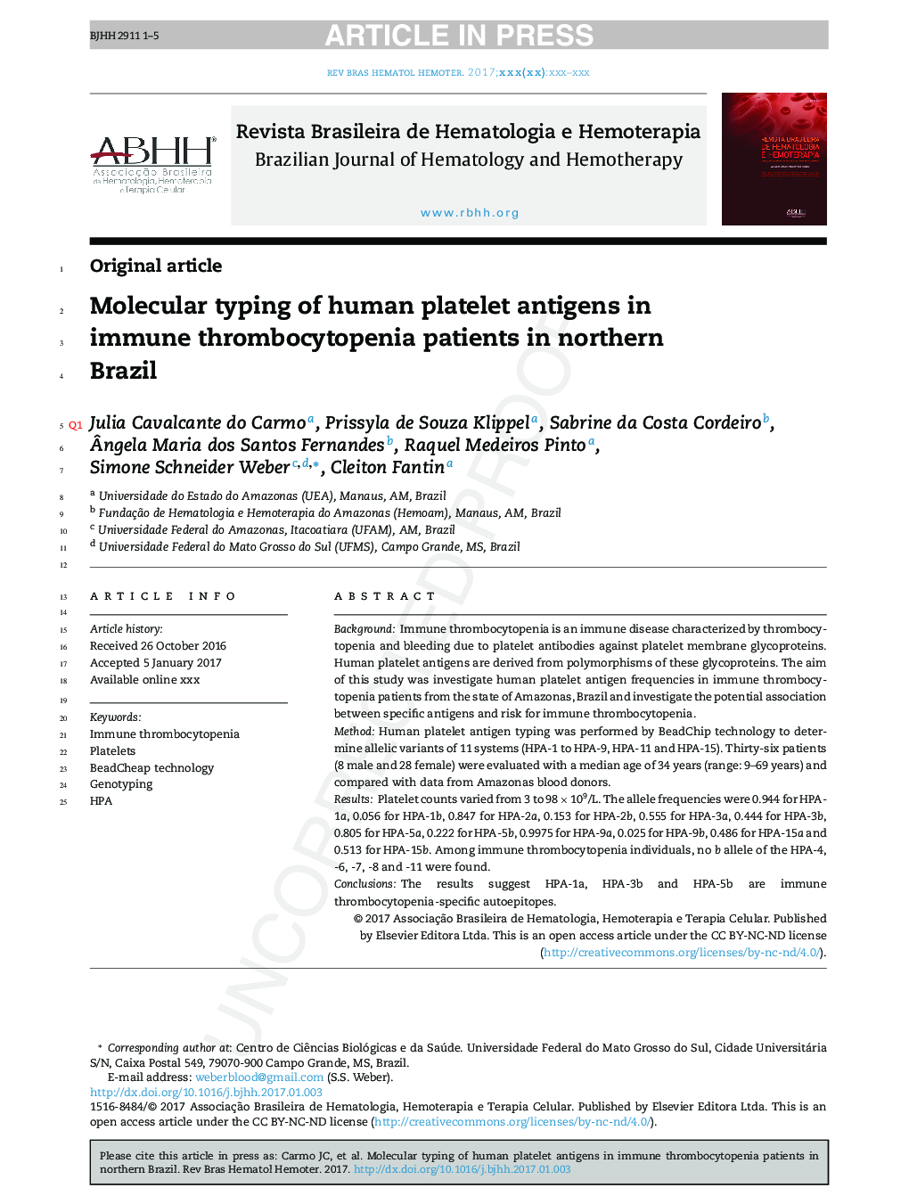 Molecular typing of human platelet antigens in immune thrombocytopenia patients in northern Brazil