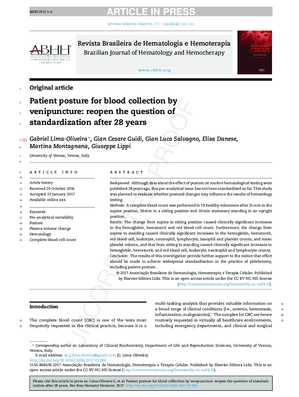 Patient posture for blood collection by venipuncture: recall for standardization after 28 years