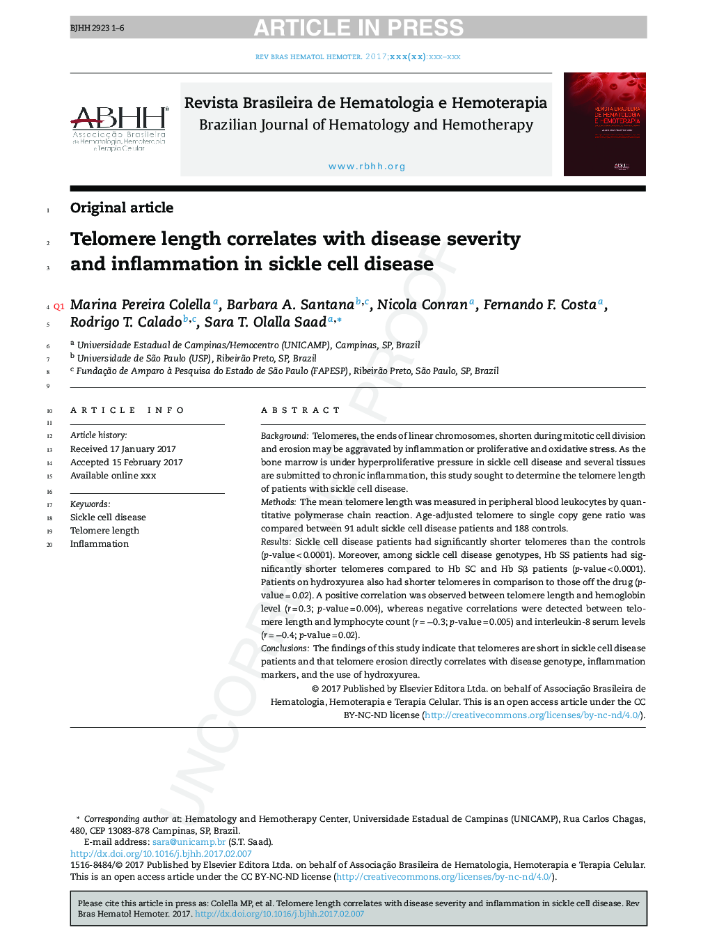 Telomere length correlates with disease severity and inflammation in sickle cell disease