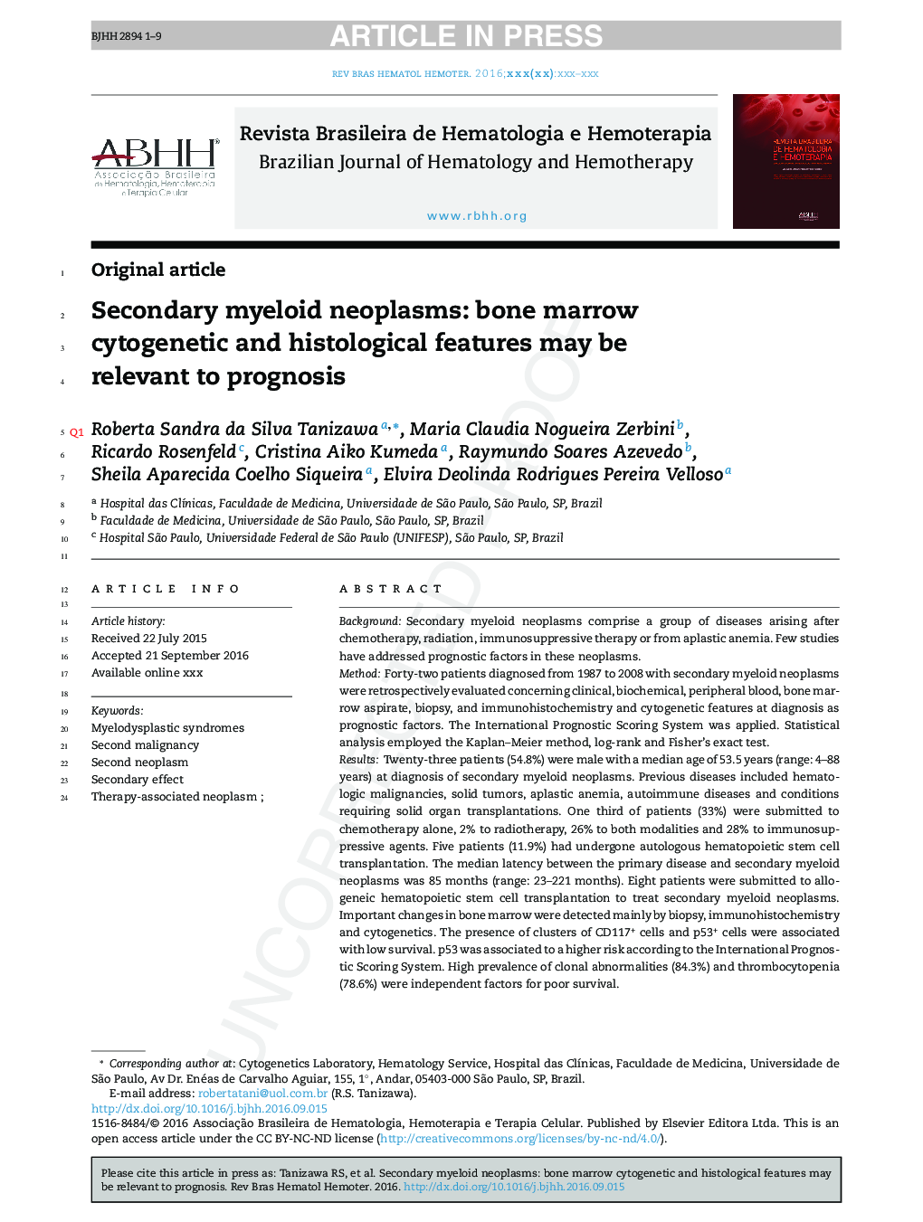 Secondary myeloid neoplasms: bone marrow cytogenetic and histological features may be relevant to prognosis