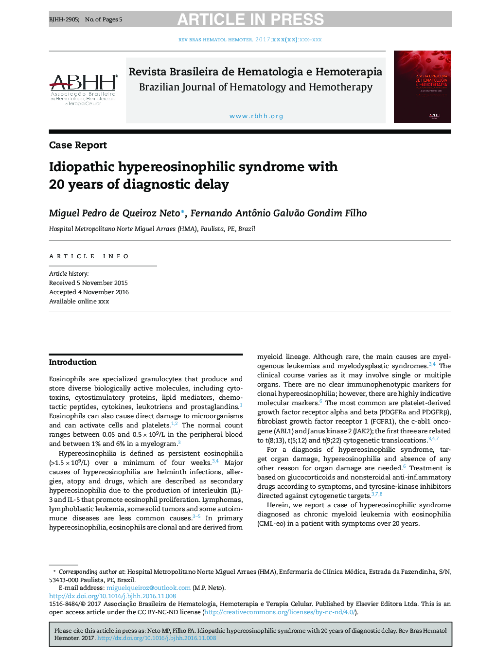 Idiopathic hypereosinophilic syndrome with 20 years of diagnostic delay