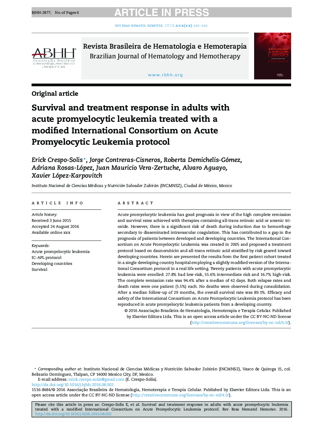 Survival and treatment response in adults with acute promyelocytic leukemia treated with a modified International Consortium on Acute Promyelocytic Leukemia protocol