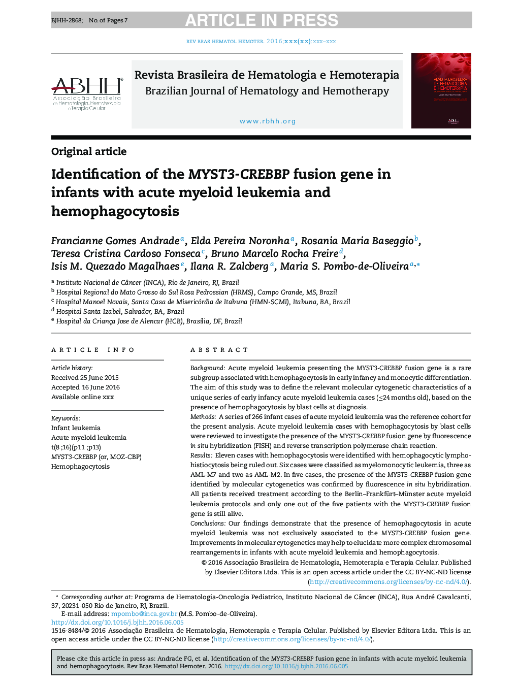 Identification of the MYST3-CREBBP fusion gene in infants with acute myeloid leukemia and hemophagocytosis