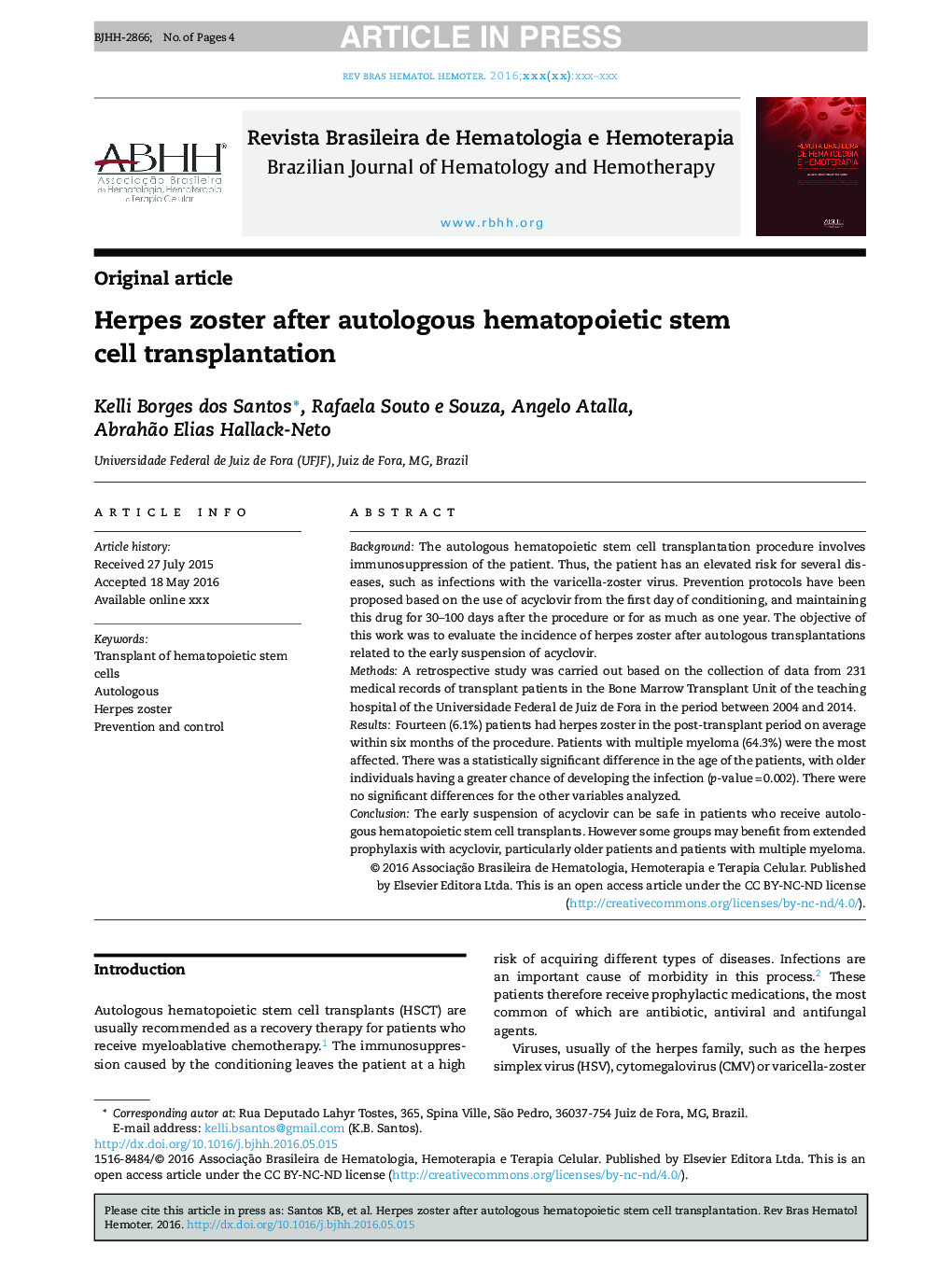 Herpes zoster after autologous hematopoietic stem cell transplantation