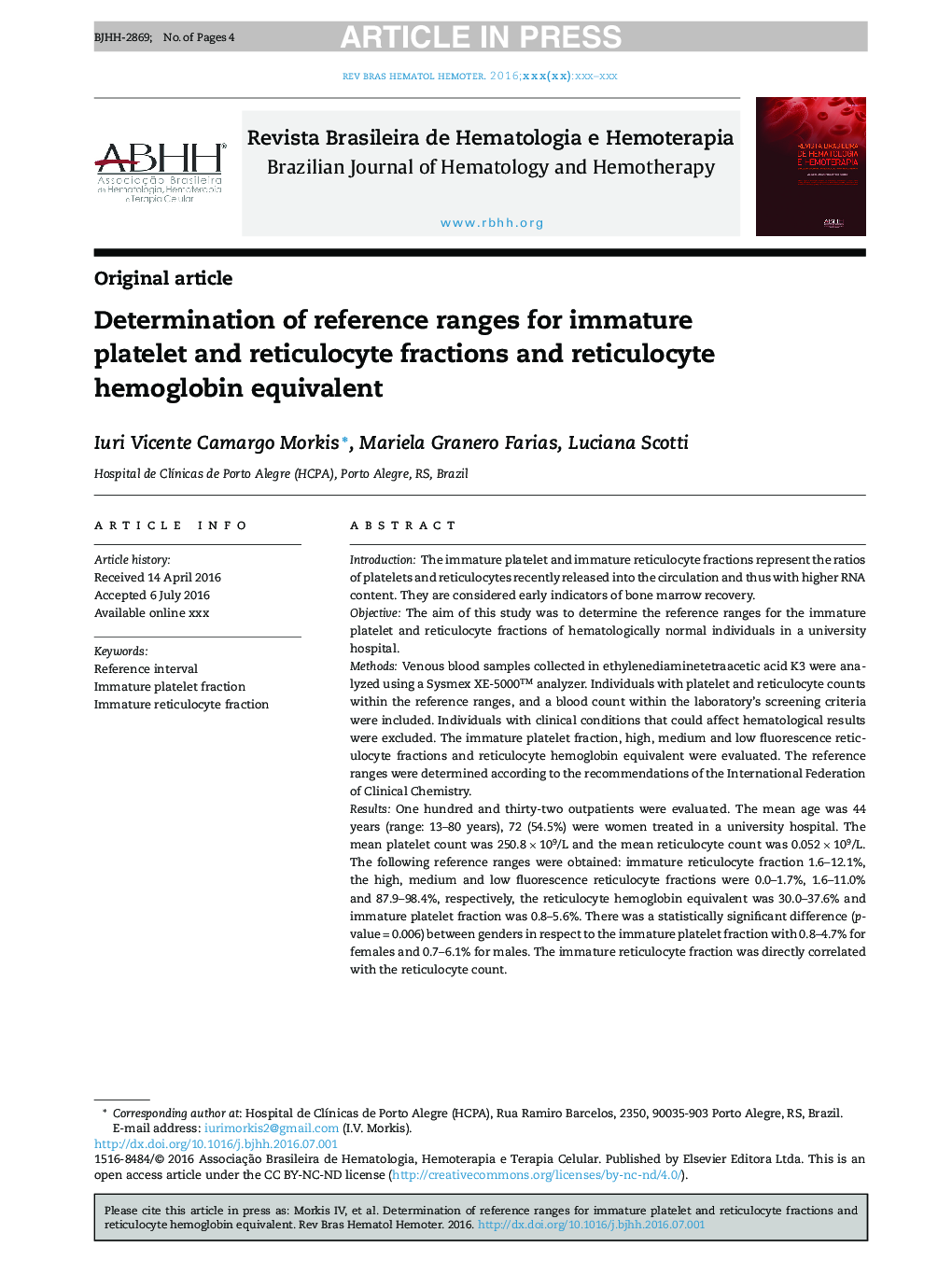 Determination of reference ranges for immature platelet and reticulocyte fractions and reticulocyte hemoglobin equivalent