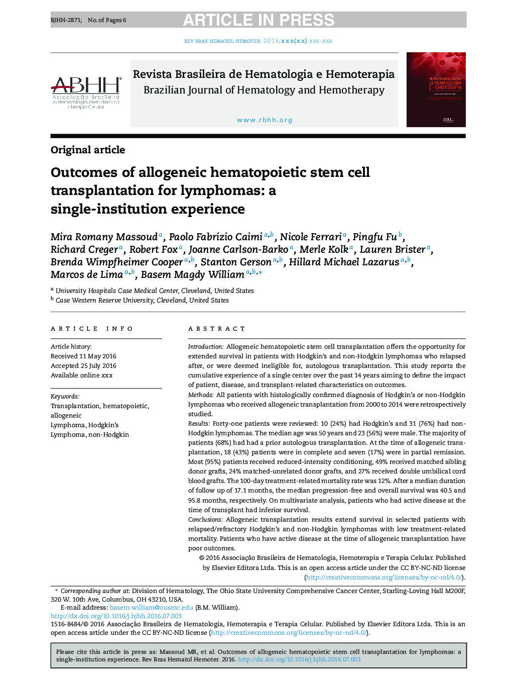 Outcomes of allogeneic hematopoietic stem cell transplantation for lymphomas: a single-institution experience